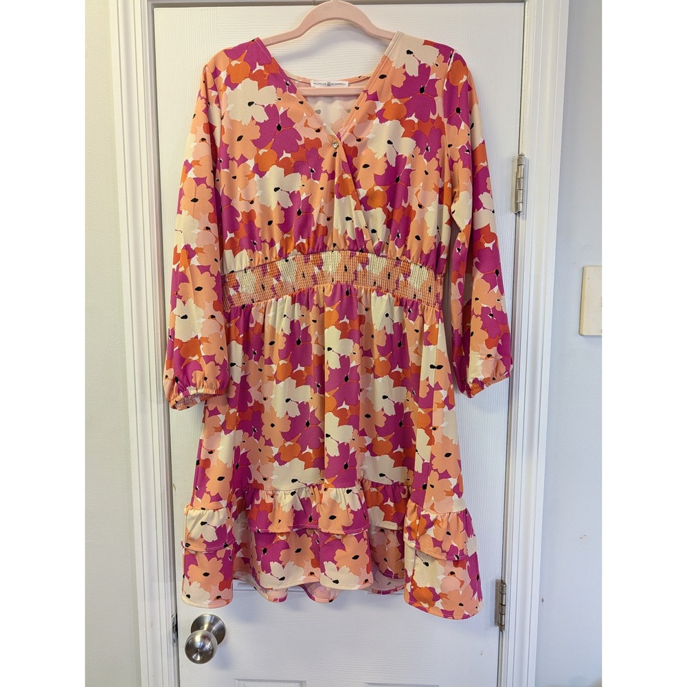 Michelle McDowell Floral V-Neck Smocked Waist Tiered Ruffle Dress Pink Garden M